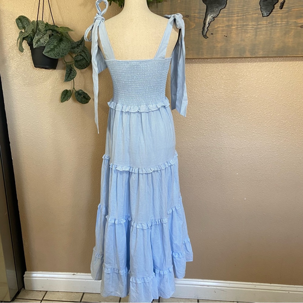 NWOT Sister Jane Kansas Blue Striped Tiered Smocked Tie-Strap Bow Midi Dress - Picture 6 of 10